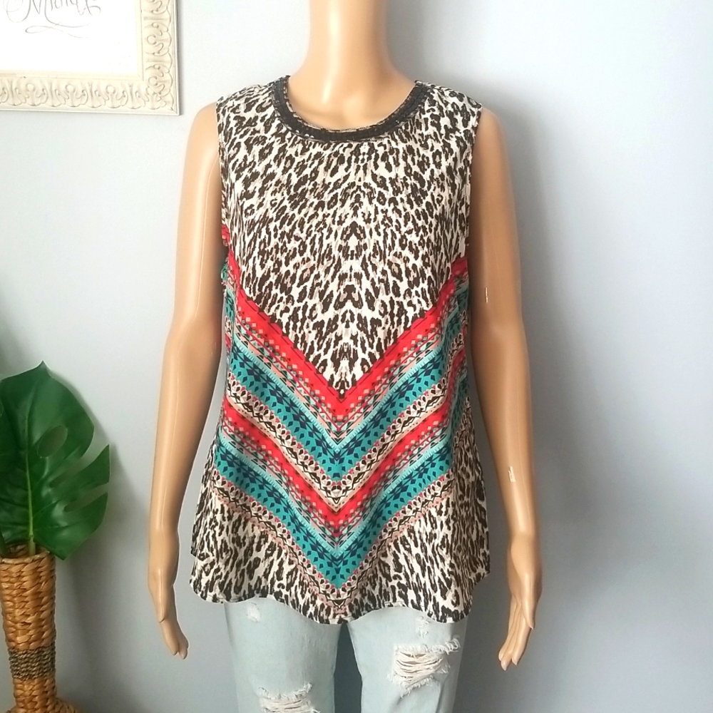 Point Zero Western Boho Animal Print Mixed Media Top SZ L - Picture 2 of 13